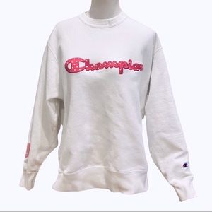 Champion White Sweatshirt Polka Dot Pink Logo Heart Design Own L Athletic